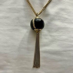 Long Goldtone Necklace with Black Round Pendant & Gold Tassel